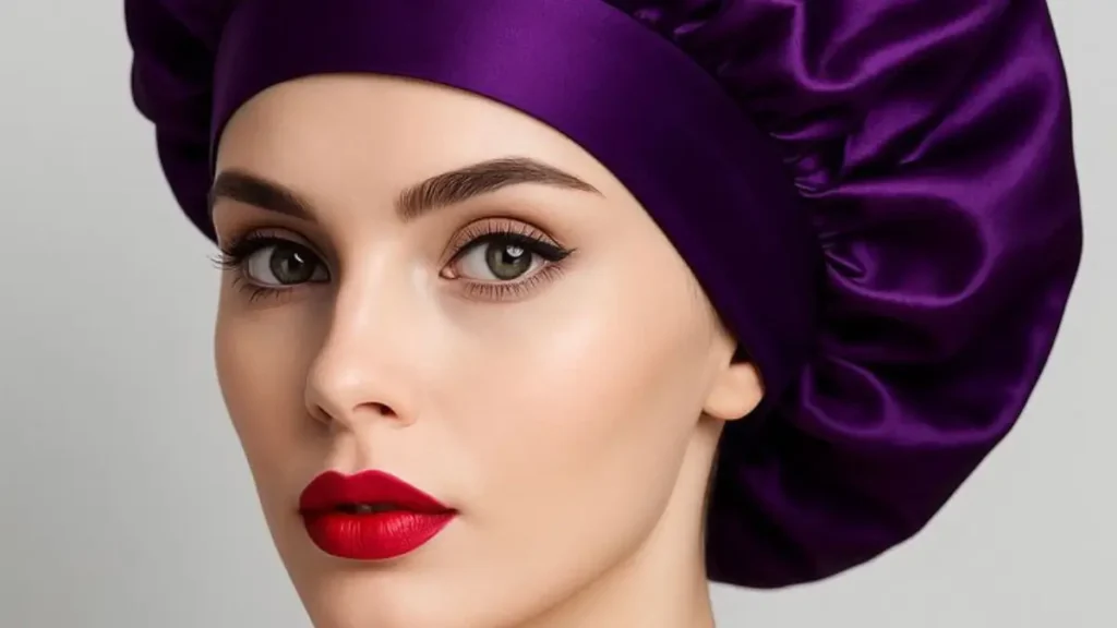 Mulher 40+ usando touca de cetim para evitar o frizz matinal