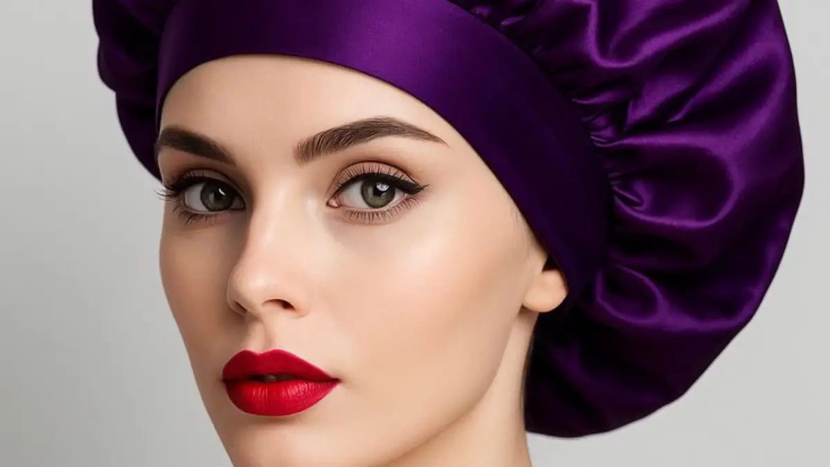 Mulher 40+ usando touca de cetim para evitar o frizz matinal